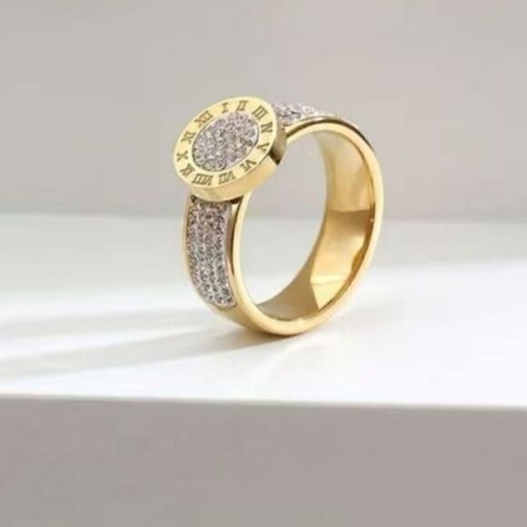 Stainless Steel 14K Gold Plated Numerals Inlaid Lab Diamond Luxury Ring Size 7 - Picture 15 of 15